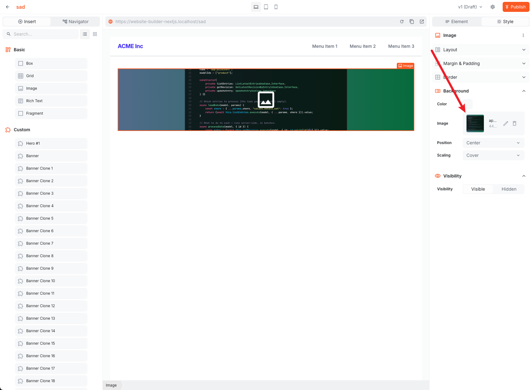 Background image picker now shows the actual thumbnail with the long file name truncated
